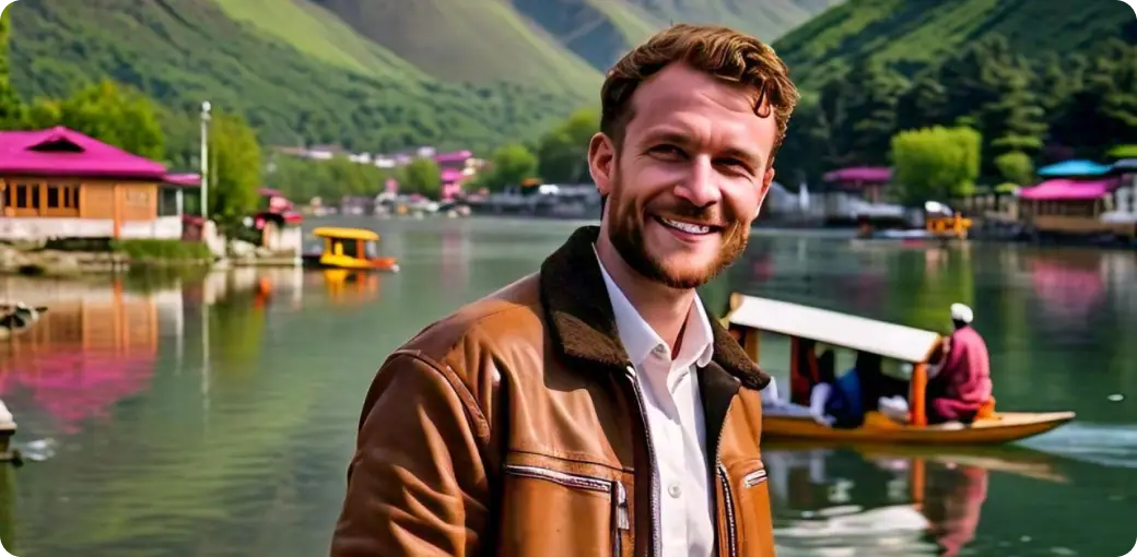 American Tourist Smiling Near Lake In Kashmir
